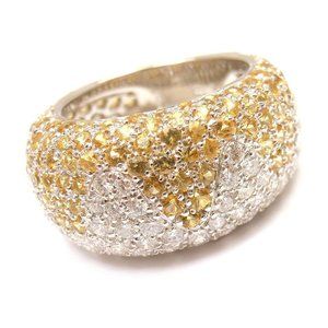 Authentic! Chopard 18k White Gold Yellow Sapphire Diamond Wave Wide Band Ring